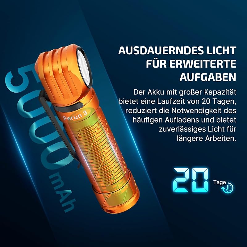 Perun 3 Stirnlampe aufladbar, 3000 Lumen, bis zu 20 Tage Laufzeit