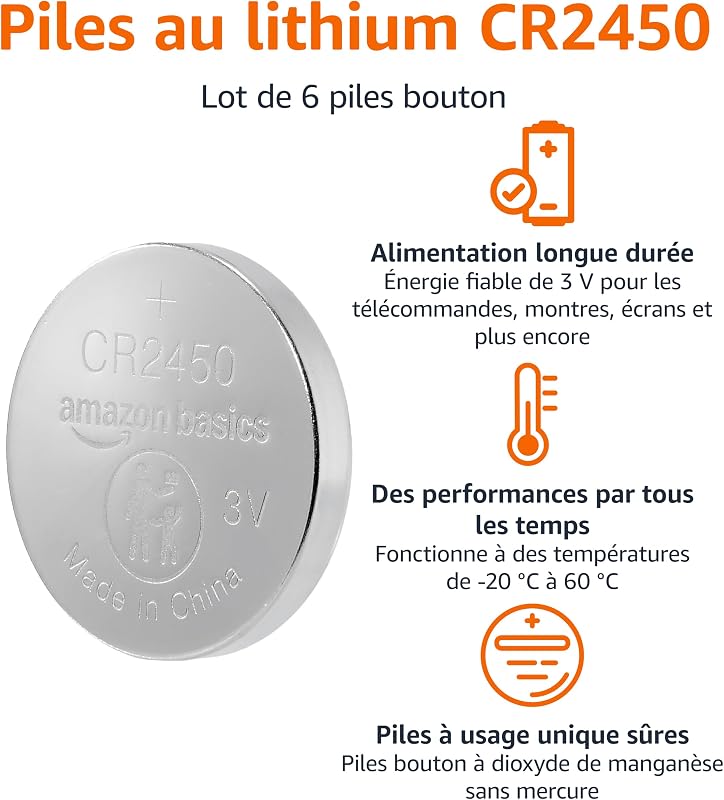 Lot de 6 Piles Bouton CR2450 au Lithium, 3 Volts, Longue durée de Vie, sans Mercure, Emballage sans Danger pour Les Enfants (Utiliser des Ciseaux pour l’Ouvrir)