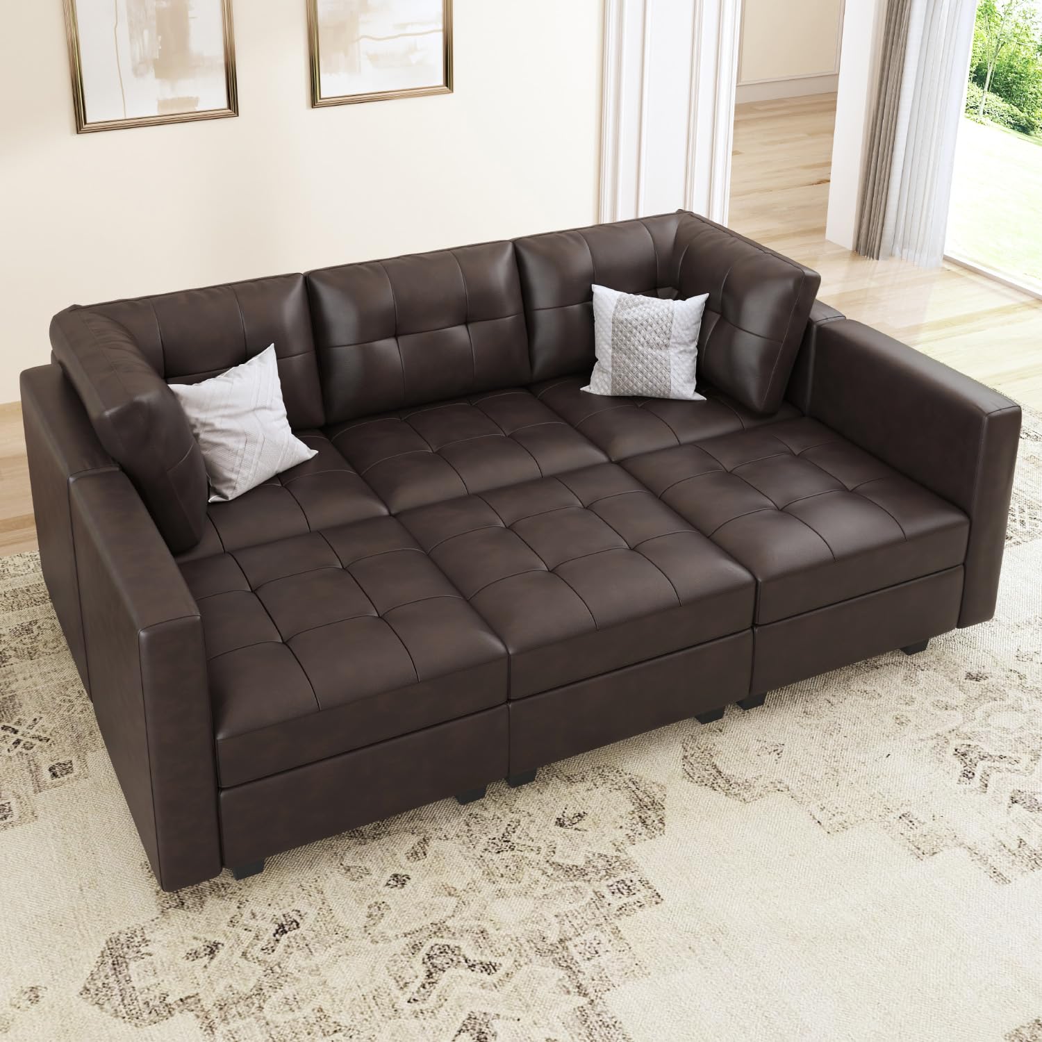 Photo 1 of 1 BOX ONE PART OF THE COUCH HONBAY Oversized Modular Sleeper Sectional Sofa Bed with Storage, Faux Leather Reversible 6 Seat Couches, Mid Brown