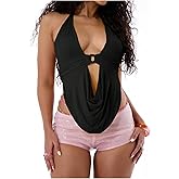 Floerns Women's Y2k Going Out Clubwear Halter Top Tie Backless Draped Cowl Deep V Neck Ring Top Cut Out Party Halter Tops