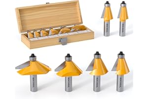 REKCKRUL 6Pcs Chamfer Router Bits Set with Bearing, 1/2 Inch Shank, Carbide Tipped Woodworking Router Bits for Precision Edge Trimming, Cutting Degree: 11.25, 15, 22.5, 30, 45, 60