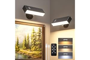 DetarZinLED 2Pcs Rechargeable Wall Light with Remote Battery Operated, 3 Color Magnetic 360° Rotation Wireless Wall Sconces, Black Cordless Wall Lamps for Bedroom, Cabinet, Dartboard, Picture, Bedside