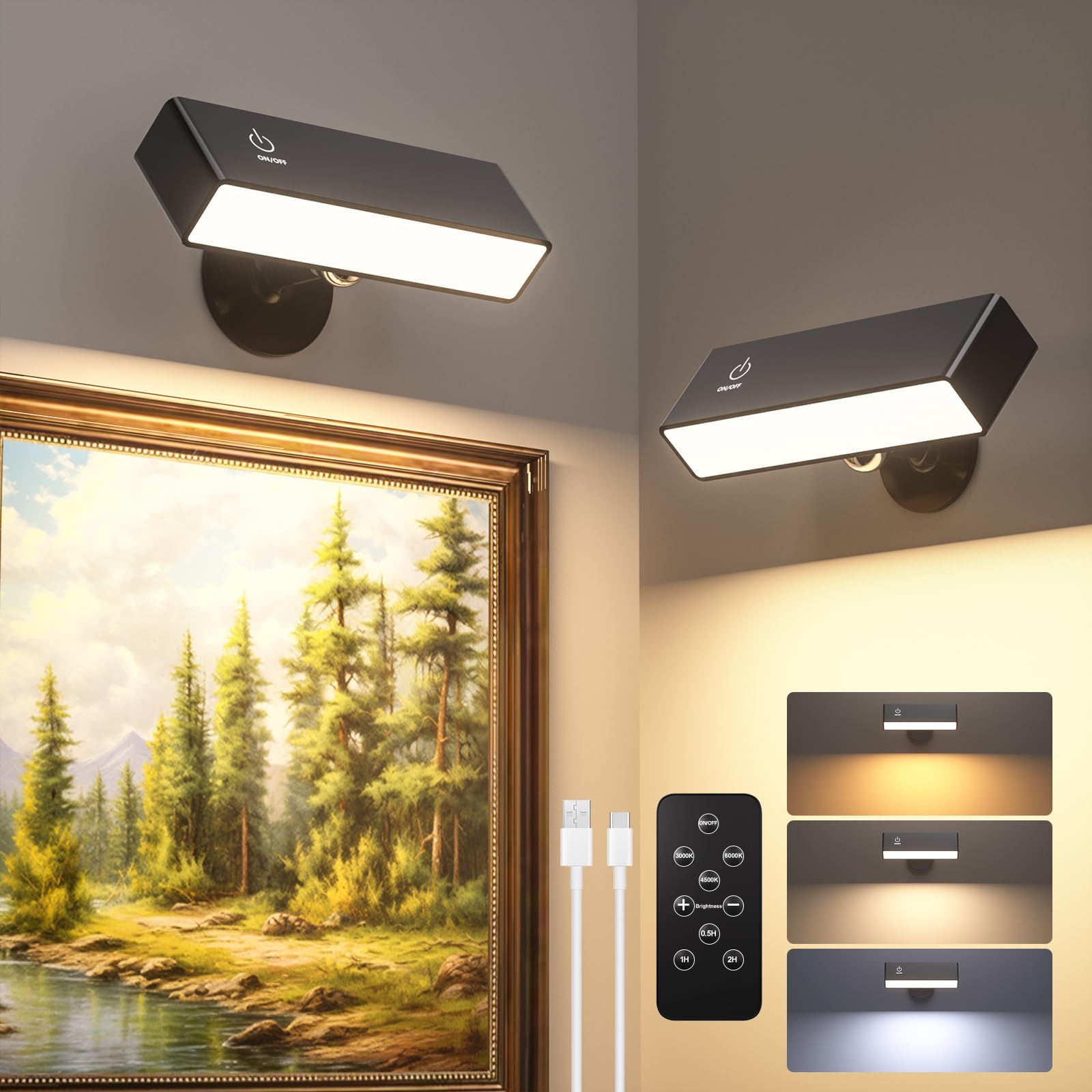 Photo 1 of DetarZinLED 2Pcs Rechargeable Wall Light with Remote Battery Operated, 3 Color Magnetic 360° Rotation Wireless Wall Sconces, Black Cordless Wall Lamps for Bedroom, Cabinet, Dartboard, Picture, Bedside