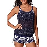 Summer Mae Blouson Tankini Swimsutis for Women 2026 Modest Tummy Control Bathing Suits Lace Hollow Out Swimwear