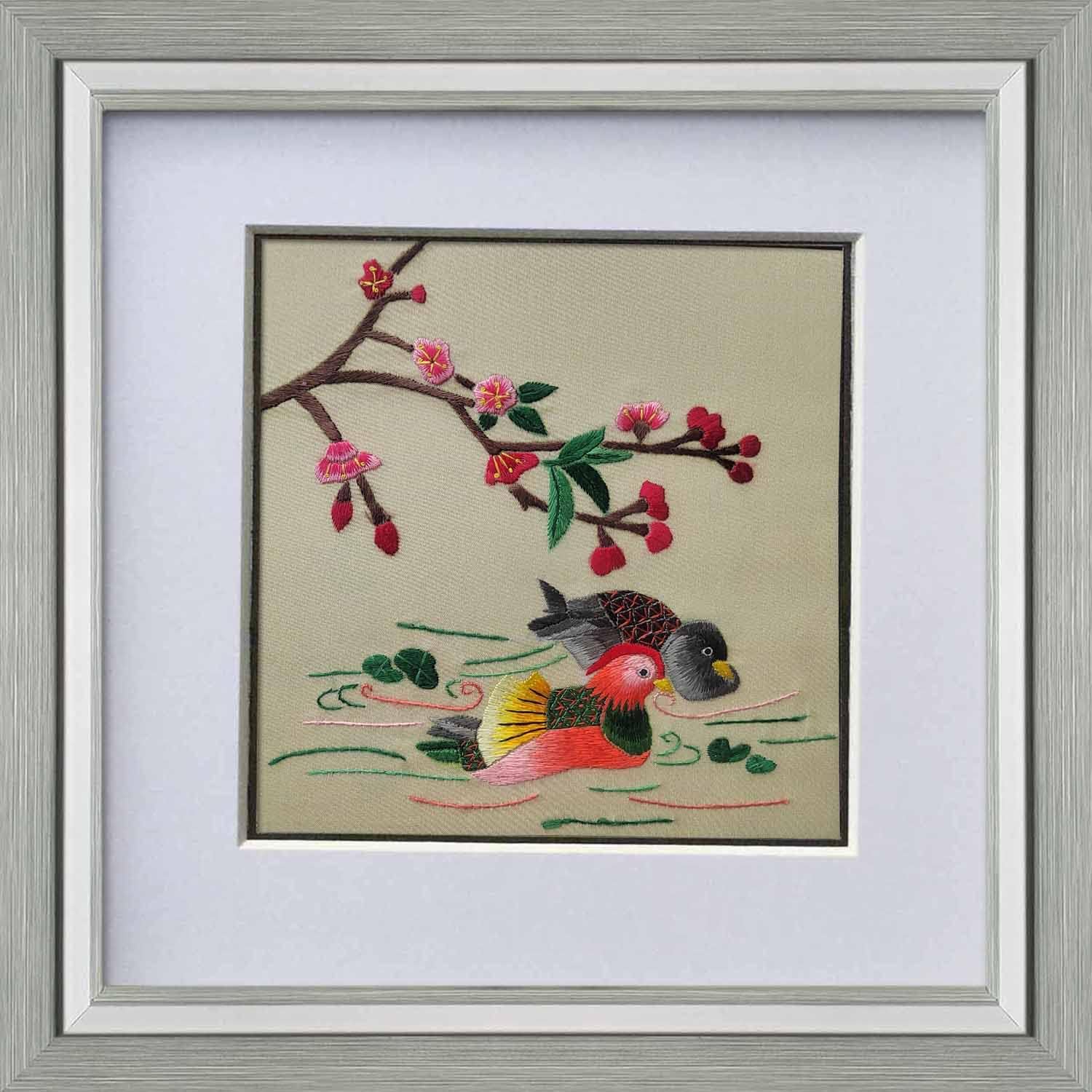 Paintings - SpecialArt 100% Handmade Silk Embroidery Wall Hanging Painting Collection for Wedding Love Mandarin Duck Cherry Blossoms 21061WF, 13*13*0.8 inch