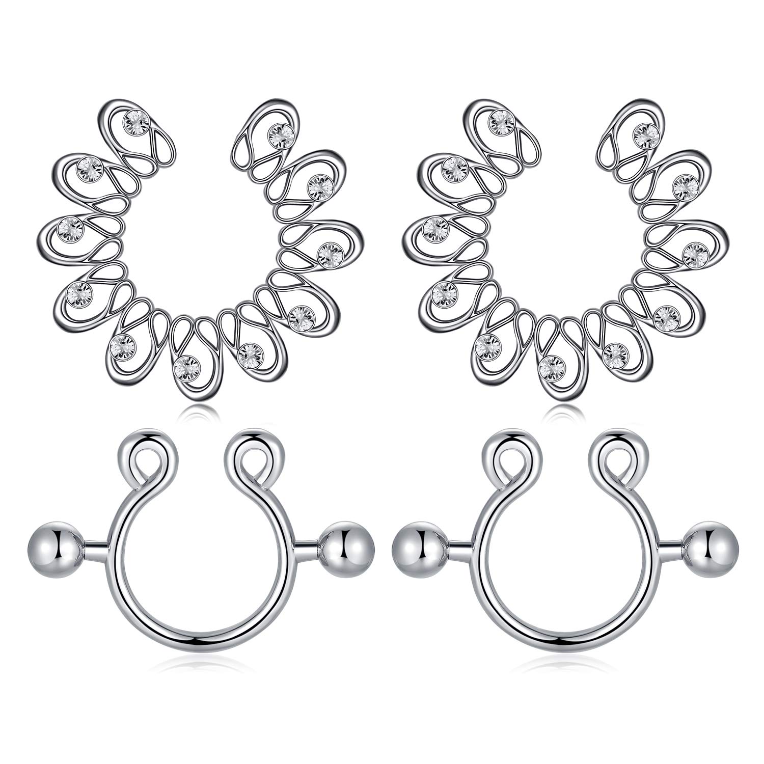 Crdifu 2 Pairs Fake Nipple Ring Stainless Steel Non Pierced Flower Nipple Piercing Jewellery