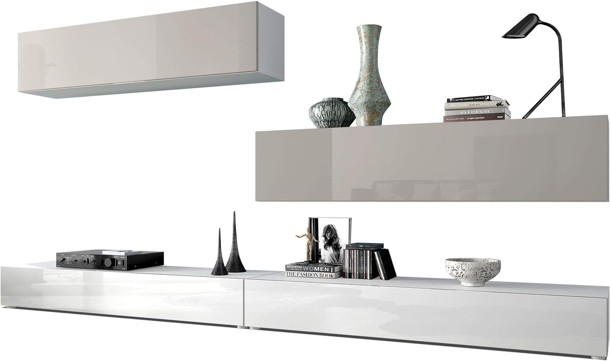 Vladon Wall Unit TV Stand Nublo, Carcass in White matt/Fronts in White High Gloss and Sand grey High Gloss