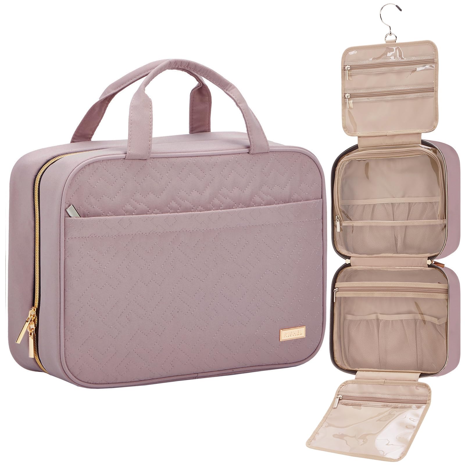 NISHEL Travel Toiletry Bag for women, Portable Hanging Organizer for Family-Sized Shampoo, Conditioner, Brushes Set, Makeup Accessories, Extra Large Size, Peach Pink Image