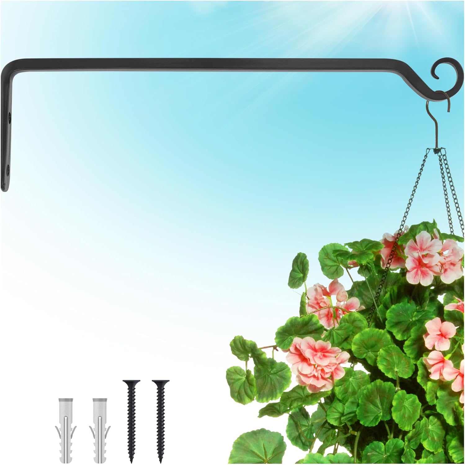 Outdoor Hanging Brackets - Gray Bunny Outdoor Plant Hanger Hook, 15” Hand Forged Straight Iron Wall Hooks for Bird Feeders, Lanterns, Wind Chimes, Patio Decor - Black
