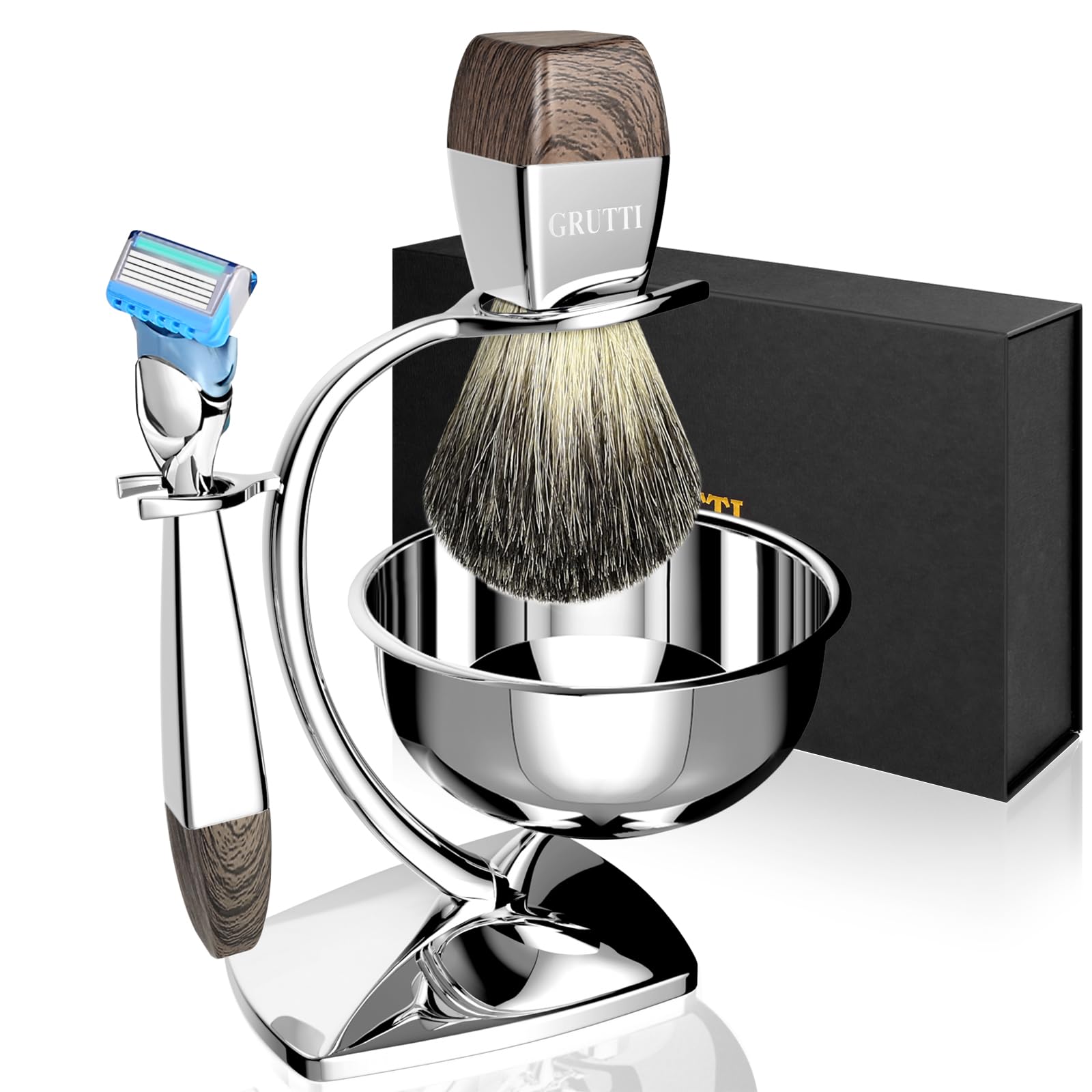 GRUTTI Luxury Shaving Gift Set for Men – Exclusive Packaging + Magnetic System + Shed-Resistant Synthetic Badger Hair Brush (Fusion5 Compatible) – Ideal for Father’s Day & Birthday