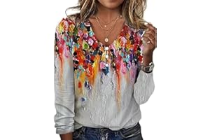 HUGHFANCE Long Sleeve Shirts for Women Dressy Casual Boho Floral Printed Tunic Tops V Neck Button Up Top 2024