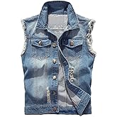 Saukiee Men's Casual Lapel Denim Vest Jacket Vintage Slim Fit Sleeveless Ripped Jeans Vests