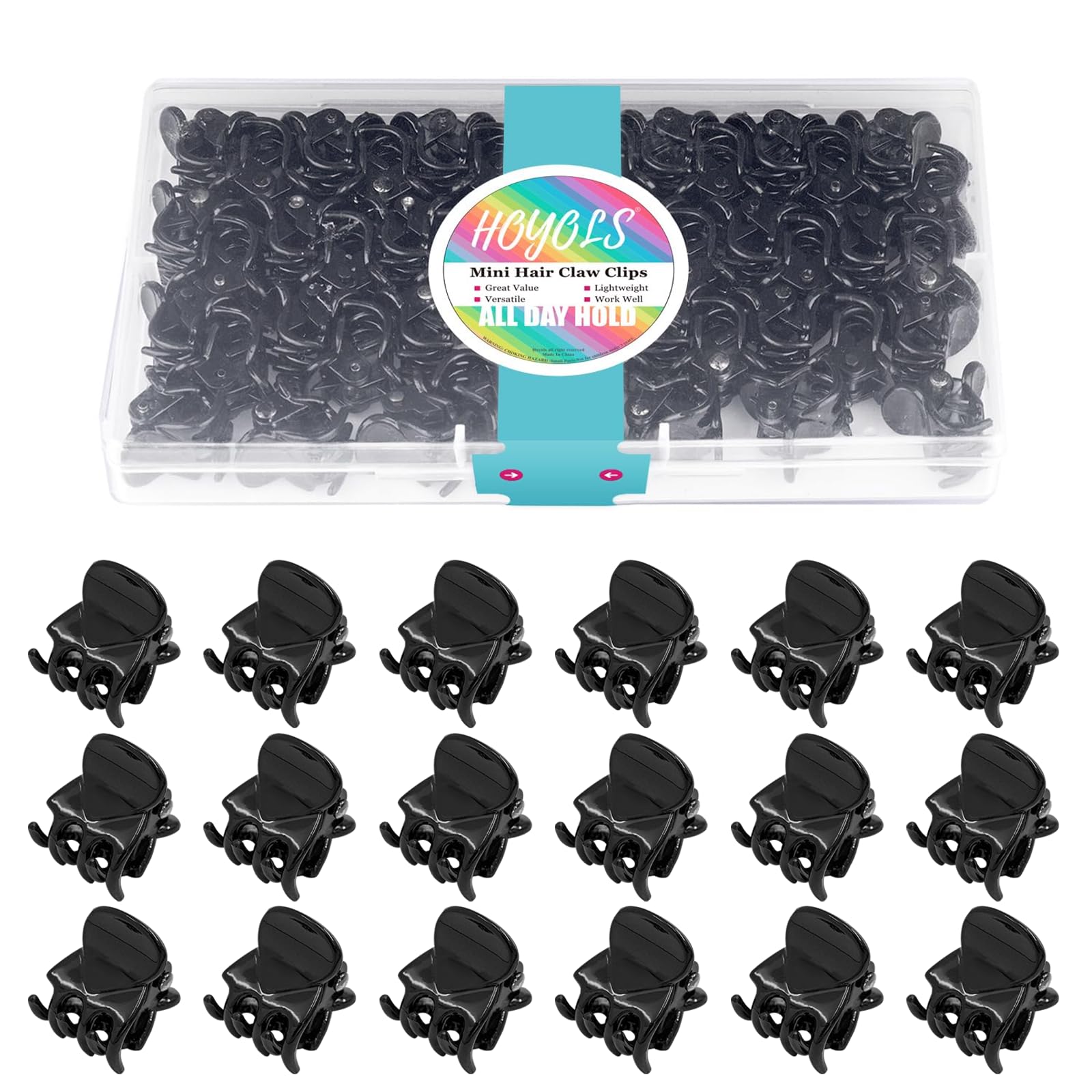 Hoyols 48 Pcs Black Mini Hair Claw Clips, Non-Slip Jaw Clamps for Women Girls, Secure Hold for Fine Short Medium Thick Hair, Styling Accessories in Plastic Box Bulk