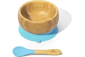 Avanchy Bamboo Baby Bowl with Spoon and Removable Silicone Suction Base – Non-Toxic, BPA-Free Feeding Bowl for Babies and Toddlers – Natural Bamboo Suction Bowl, Blue