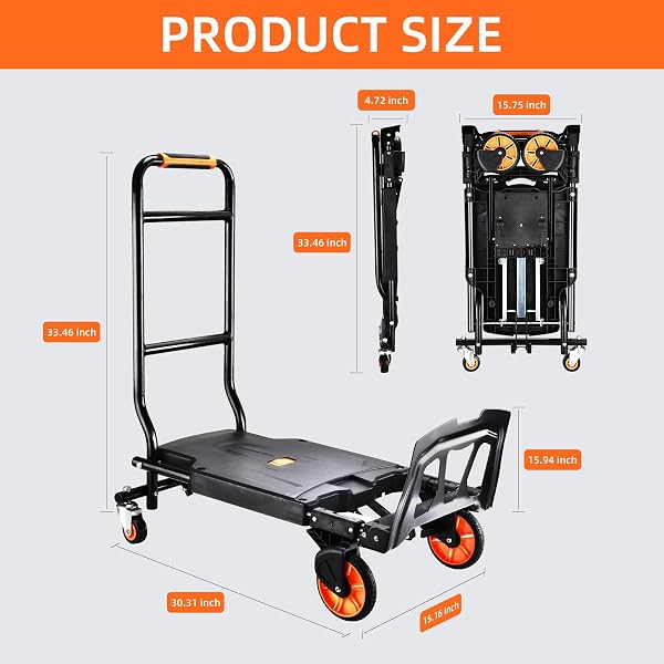 FOLDING HAND TRUCK,500LBS CAPACITY HEAVY DUTY CARRYING HAND CART,IRONTON STEEL HAND TRUCK WITH 4 ROTATE WHEELS,FOR LUGGAGE, MOVING, SHOPPING, OFFICE,TRAVEL USE(ORANGE)