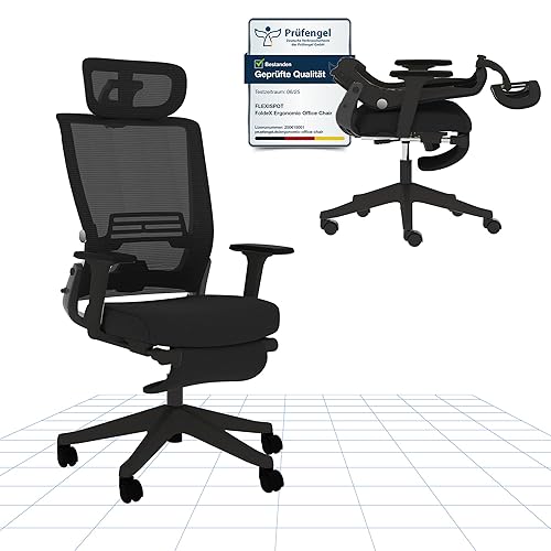 FLEXISPOT Foldex Ergonomic Office Chair with Foldable Backrest, Folding Desk Chair for Small Spaces with Lumbar Support, Flip-up Armrests, 3D Headrest and Footrest for Home Office - Black
