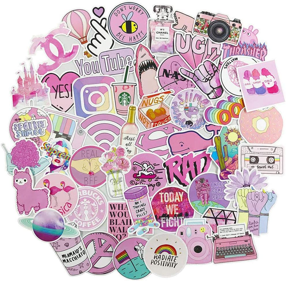 Cool Stickers Pack,53pcs Pink Brand Stickers, Vinyl Waterproof Stickers, Decals for Laptop, Luggage, Car, Skateboard, Motorcycle, Bicycle Decal
