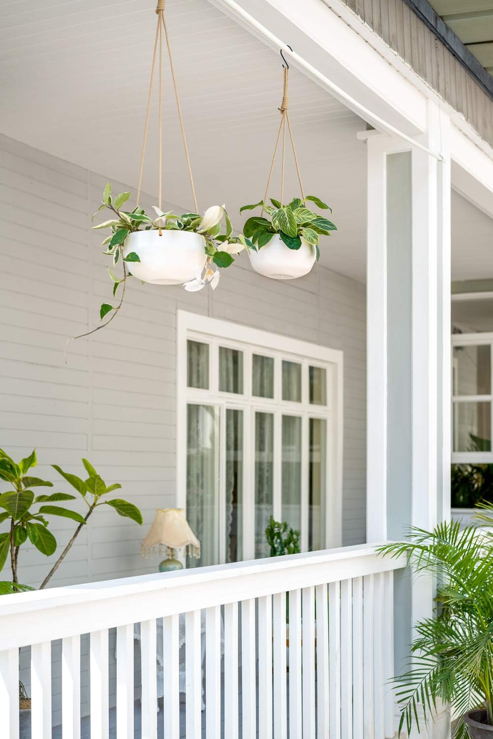 Mkono Ceramic Hanging Planter of Shallow 8 Inch and Deep 6 Inch for Indoor Outdoor Plants, Set of 2 Modern Plant Pot Geometric Porcelain Hanging Basket with Polyester Rope Hanger for Herbs Ferns Ivy: Kitchen & Dining