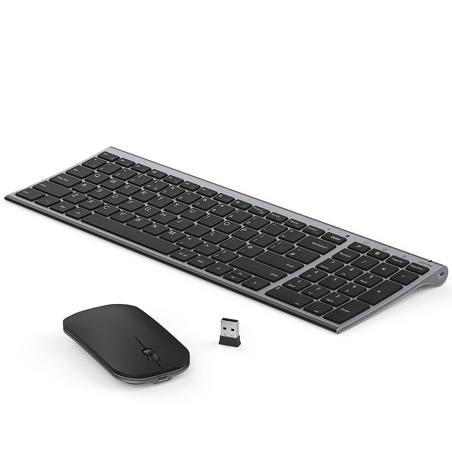 seenda WGJP-031B Wireless Keyboard Mouse Set, Ultra Thin Compact Rechargeable Aluminum Silent Computer Keyboard & Mouse Combo UK QWERTY Layout for Office, Home, Business, Black and Space Gray