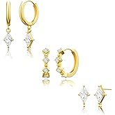 Picuzzy 14K Gold Plated Hoop Earrings Set for Women, 3 Pairs Dainty Dangle Stud Cubic Zirconia Earrings Trendy Earrings Stack Non Tarnish 14K Gold Plated Jewelry for Women Christmas Gifts