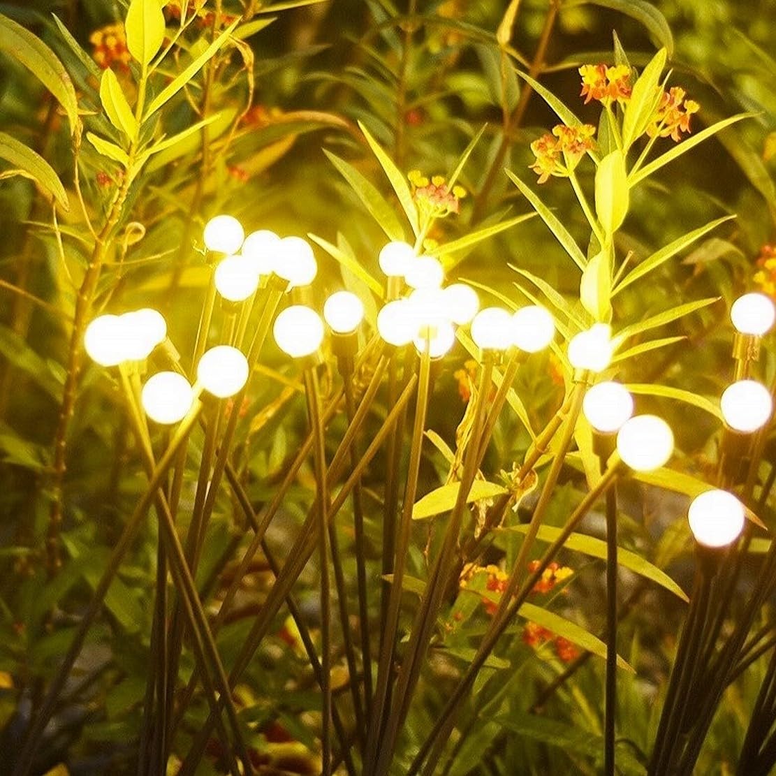 JZK Solar Powered LED Firefly Warm White Light - 2 Packs 20 LEDs Waterproof Garden Ornament for Path, Party Decoration, Flowerbed, Lawn and Patio