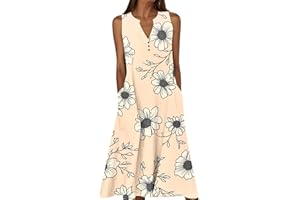 Frostluinai Womens Summer Casual Dresses Printed Sleeveless Midi Tank Sundress with Pockets V Neck A Line Maxi Dress