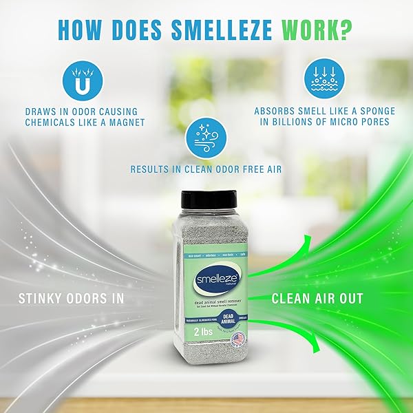 SMELLEZE NATURAL DEAD ANIMAL ODOR REMOVAL 2 LBS GRANULES: ELIMINATE DEAD RAT, MICE, SQUIRREL, CHIPMUNK, RACCOON & BAT SMELL. SAFE FOR INDOOR & OUTDOOR USE