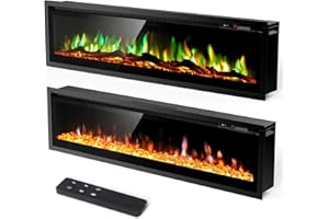 GINOST 60" Electric Fireplace Inserts and Wall Mounts with Remote Controls 12 Realistic 3D Flame Colors, 750/1500 W Heater, Adjustable Temperature 62F to 82F, Low Noise, 8 Hour Timer, Log and Crystals