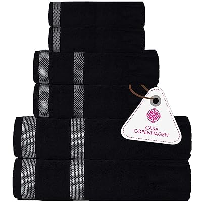 CASA COPENHAGEN Solitaire Luxury Hotel &amp; Spa Quality, 600 GSM Egyptian Cotton, 6 Piece Turkish Towel Set, Includes 2 Bath Towels, 2 Hand Towels, 2 Washcloths, Dark Black