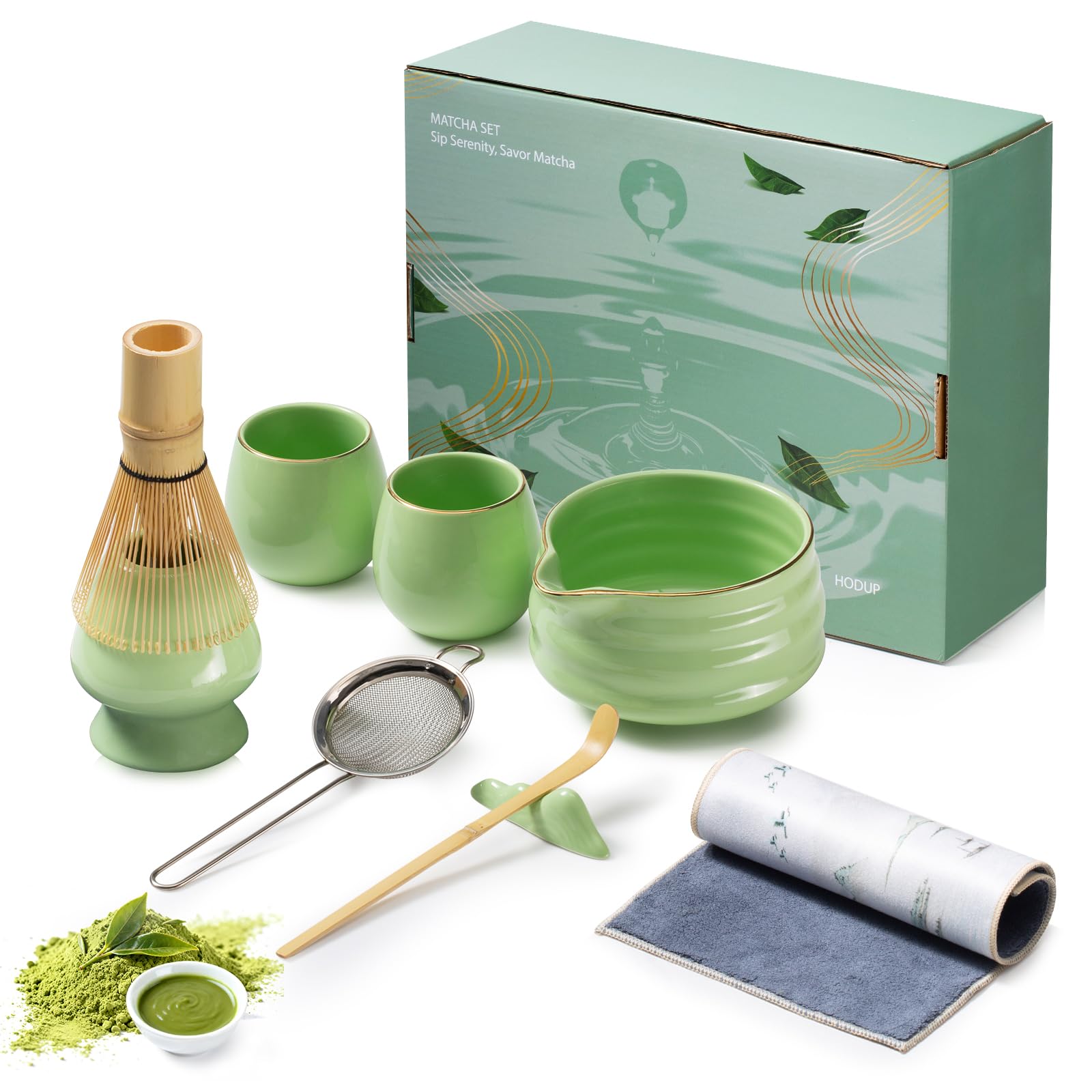 Matcha set - 9 Stück Japanisches Tee-set Inkl Chawan mit Ausgießer, 2 tazze, Schaufel, Halter, Sieb, Matchabesen das perfekte Geschenk für Japanische Teezeremonie-Liebhaber,Green