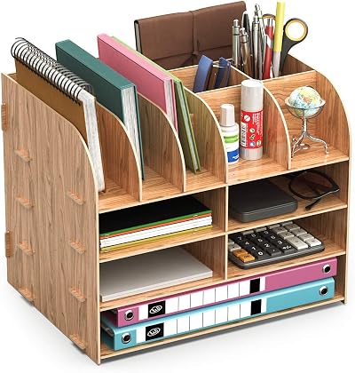 Lesfit Wooden Desk Tidy Organiser Office Stationery Storage 34x28x25 cm