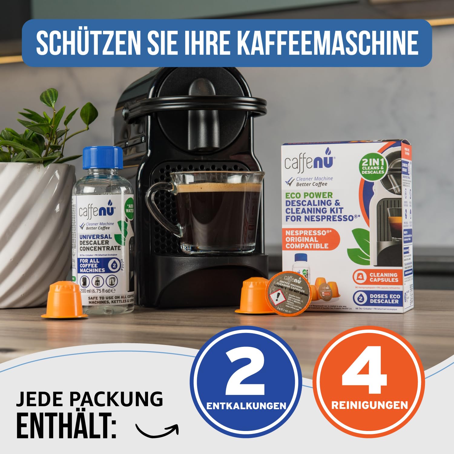 Caffenu Nespresso Original kompatibles Reinigungs-Set | 2x Flüssig Entkalker | 4x Reinigungskapseln | Verhindert Maschinenausfälle | Natürliche Formel | Für perfekten Kaffeegenuss | 4-Monats-Packung 5