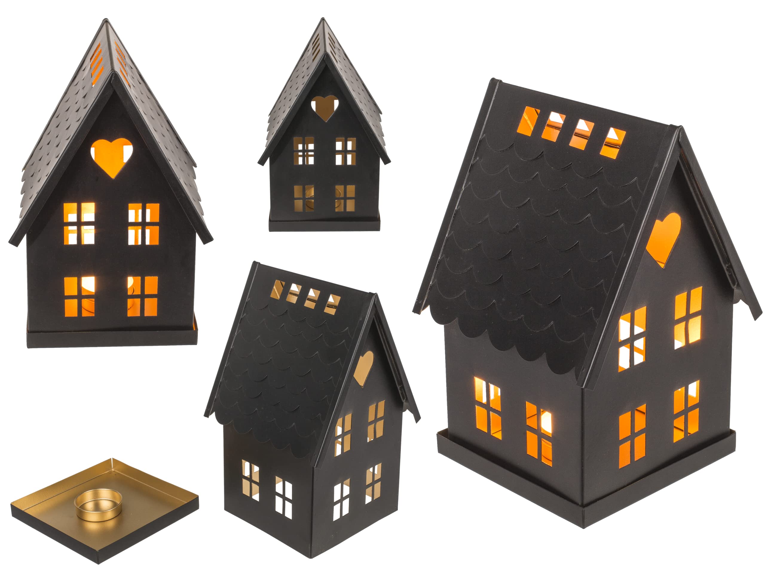 Out of the blue Tea Light House, Black Metal, Decorative House with Heart Window, 14 x 13 x 20 cm