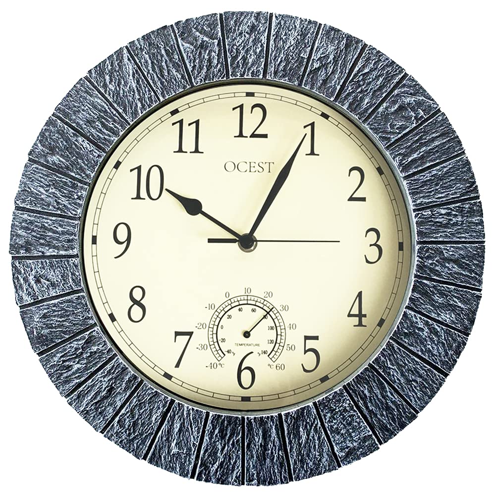 OCEST Large Wall Clock, 13 Inch Indoor Outdoor Clock Waterproof with Thermometer Large Display Silent Non-Ticking Battery Operated Modern Decor Clock for Bathroom Living Room Kitchen Pool Patio Garden