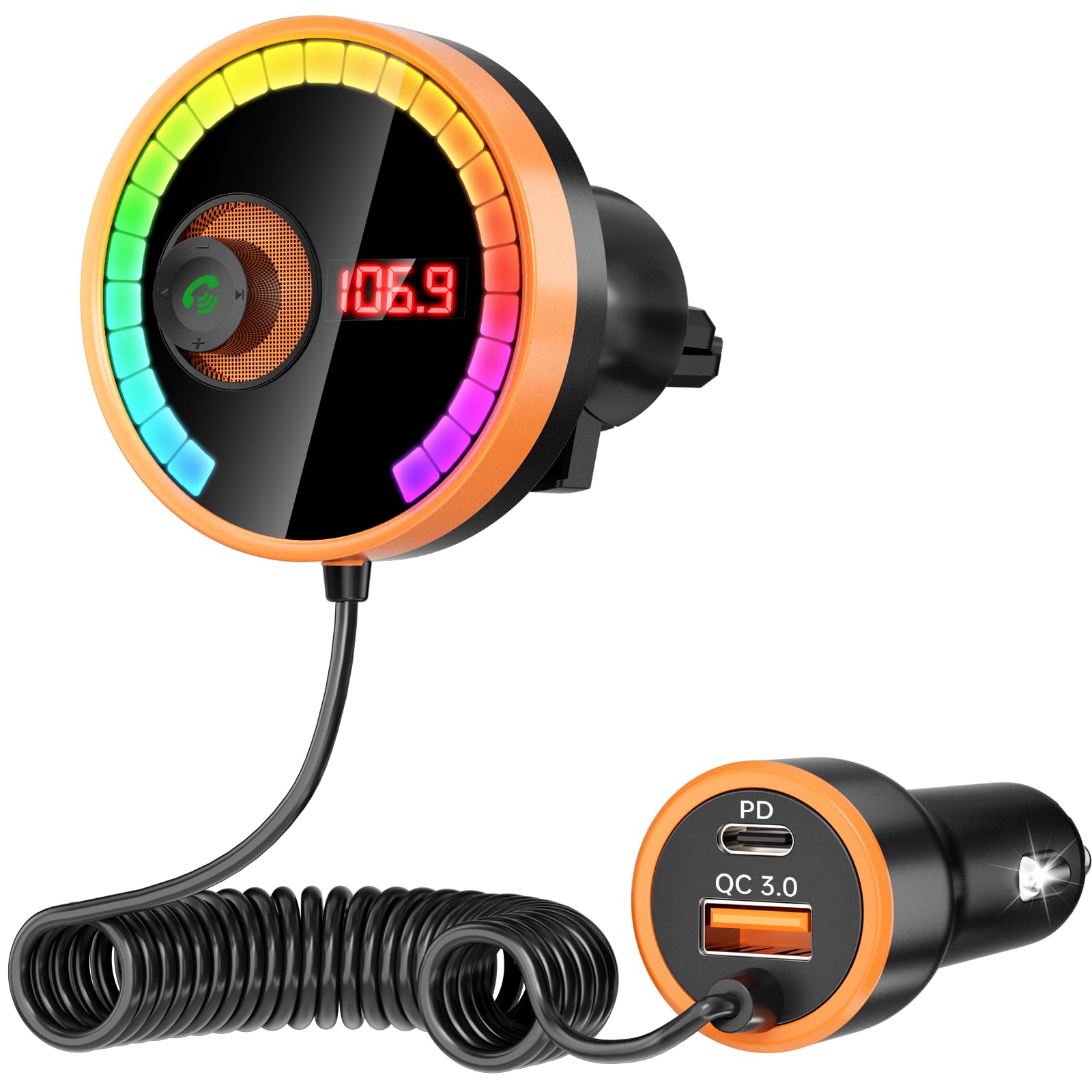 Bluetooth Car Adapter FM Transmitter Car Radio Bluetooth Transmitter, 7 Colors LED Backlit, QC3.0 Fast Charging, Strong Microphone, Hifi Bass Sound, Hands-Free Call, Support USB/TF Drive