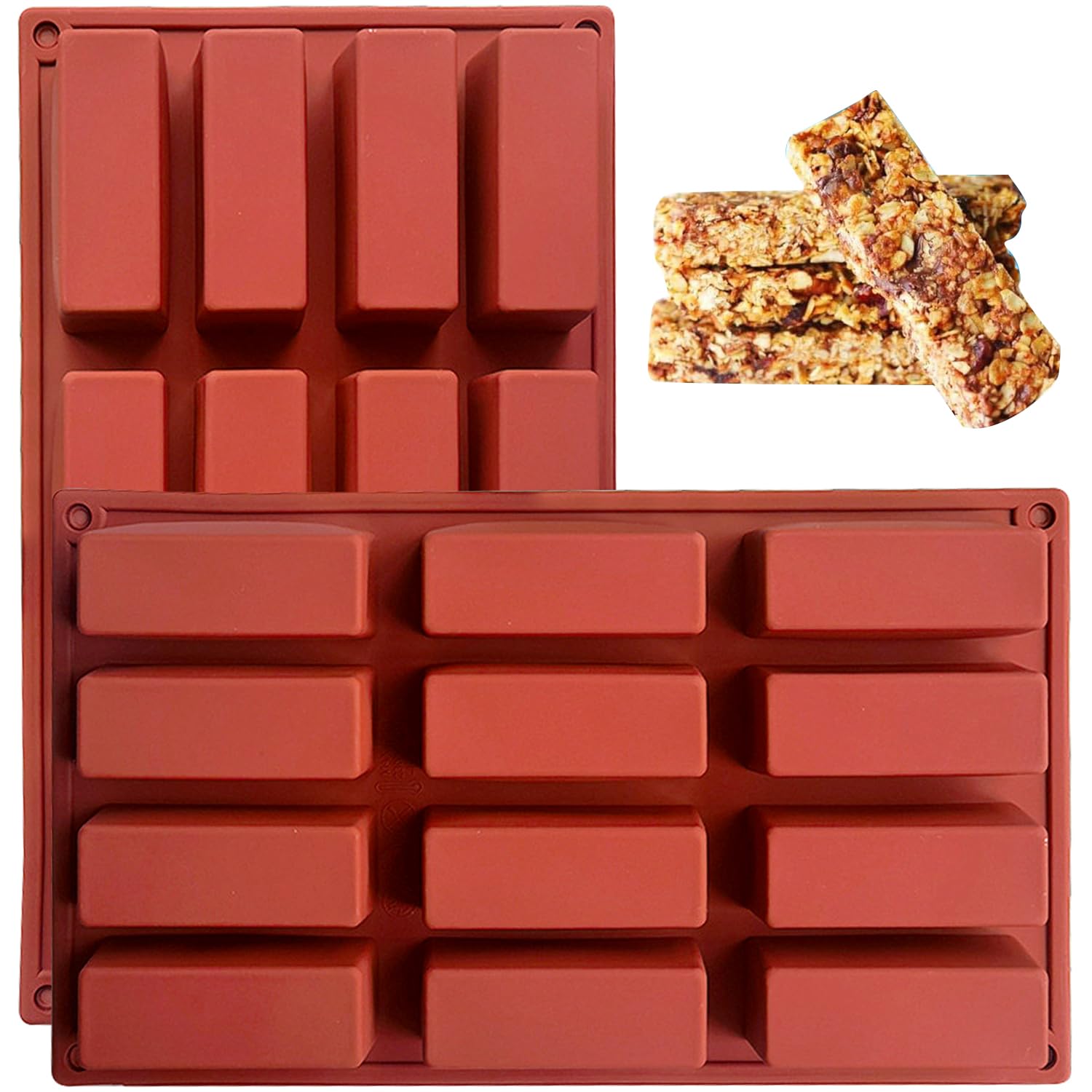 YXHZVON 2 Pieces Chocolate Bar Moulds, 12 Cavity Cereal Bar Moulds, Rectangular Silicone Mould for Truffle, Ganache, Muffin, Brownie, Cornbread, Cheesecake, Candle and Soap (Brick red)
