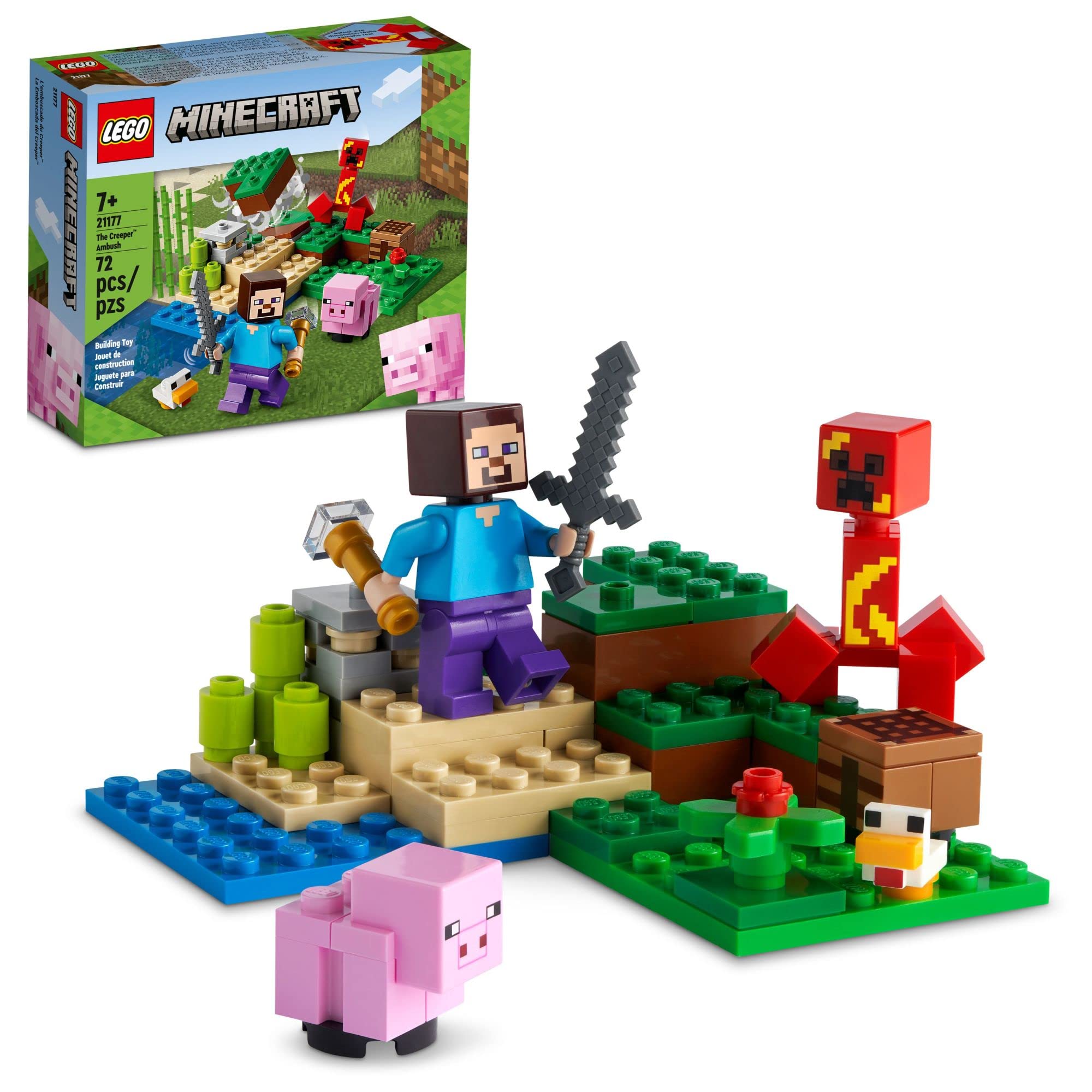 Photo 1 of LEGO Minecraft The Creeper Ambush Building Toy 21177, Pretend Play Zombie Battle, Gift for Kids, Boys and Girls Age 7+ Years Old, Ore Mining and Animal Care with Steve, Baby Pig & Chicken Minifigures