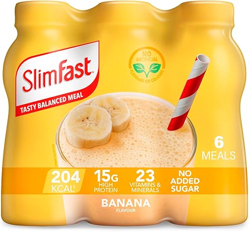 SlimFast Ready To Drink Shake, Tasty, Balanced Shake with Vitamins and Minerals, No Sugar, Banana Flavour, 6 x 325 ml Multipack