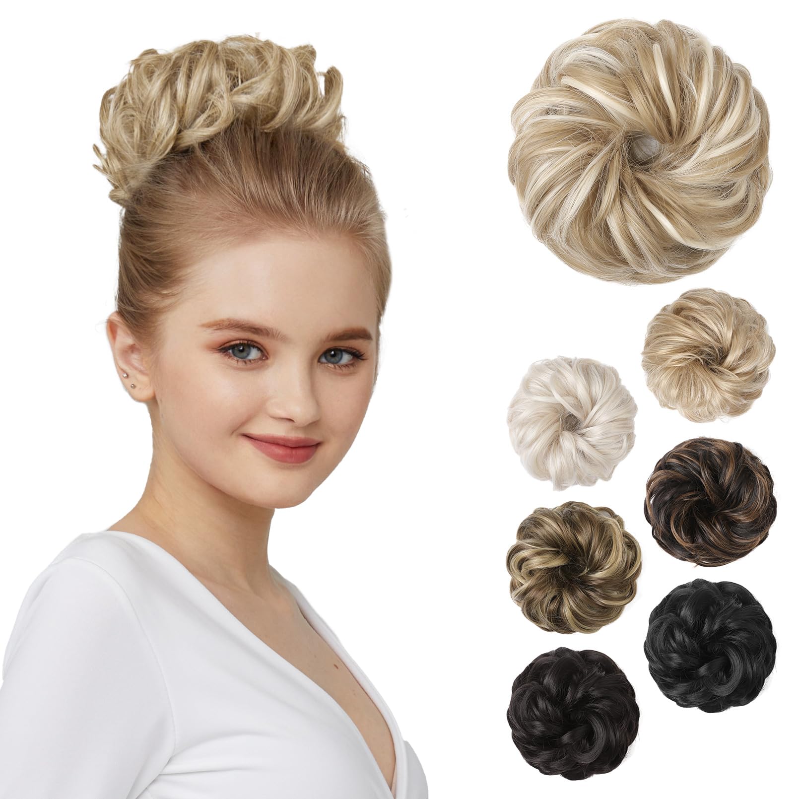 REECHO Thick Tousled Messy Hair Bun - Synthetic Ponytail Extensions with Elastic Scrunchies and Donut Accessories - Blonde with Highlights