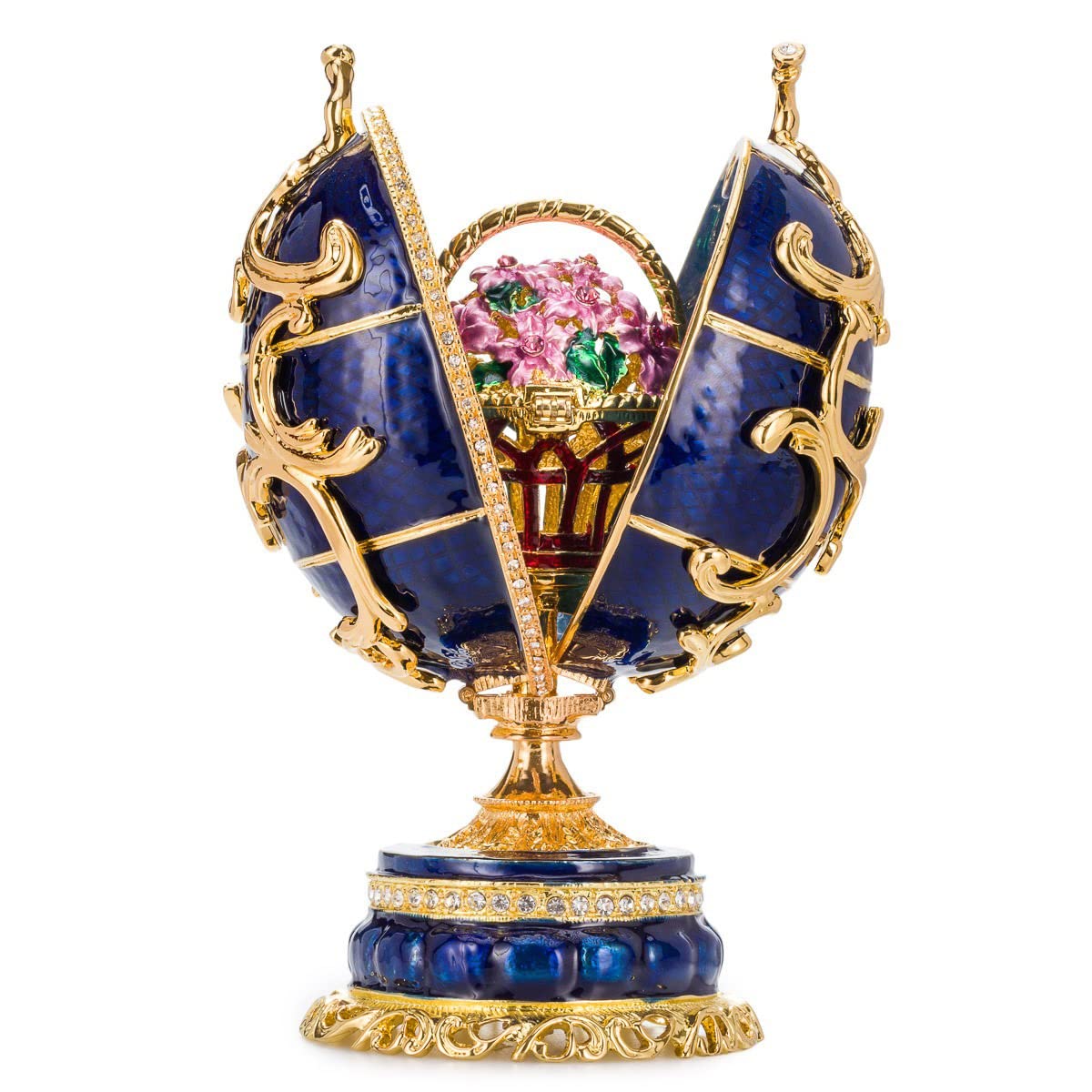 danila-souvenirs Glamorous Style Spring Flowers Easter Egg Music Box Trinket Jewel Box with Basket of Flowers 16,5 cm blue