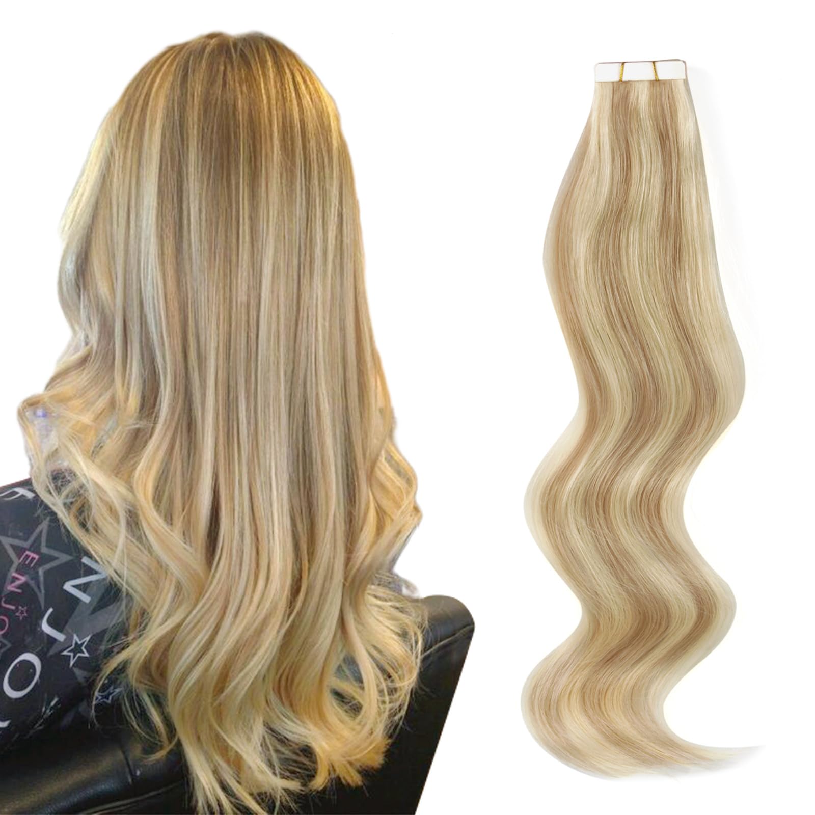 ABH AMAZINGBEAUTY HAIR Tape in Extensions Human Hair 22 Inch Honey Blonde Highlighted Medium Blonde Seamless Pu Skin Weft 50g 20pcs โ image 1