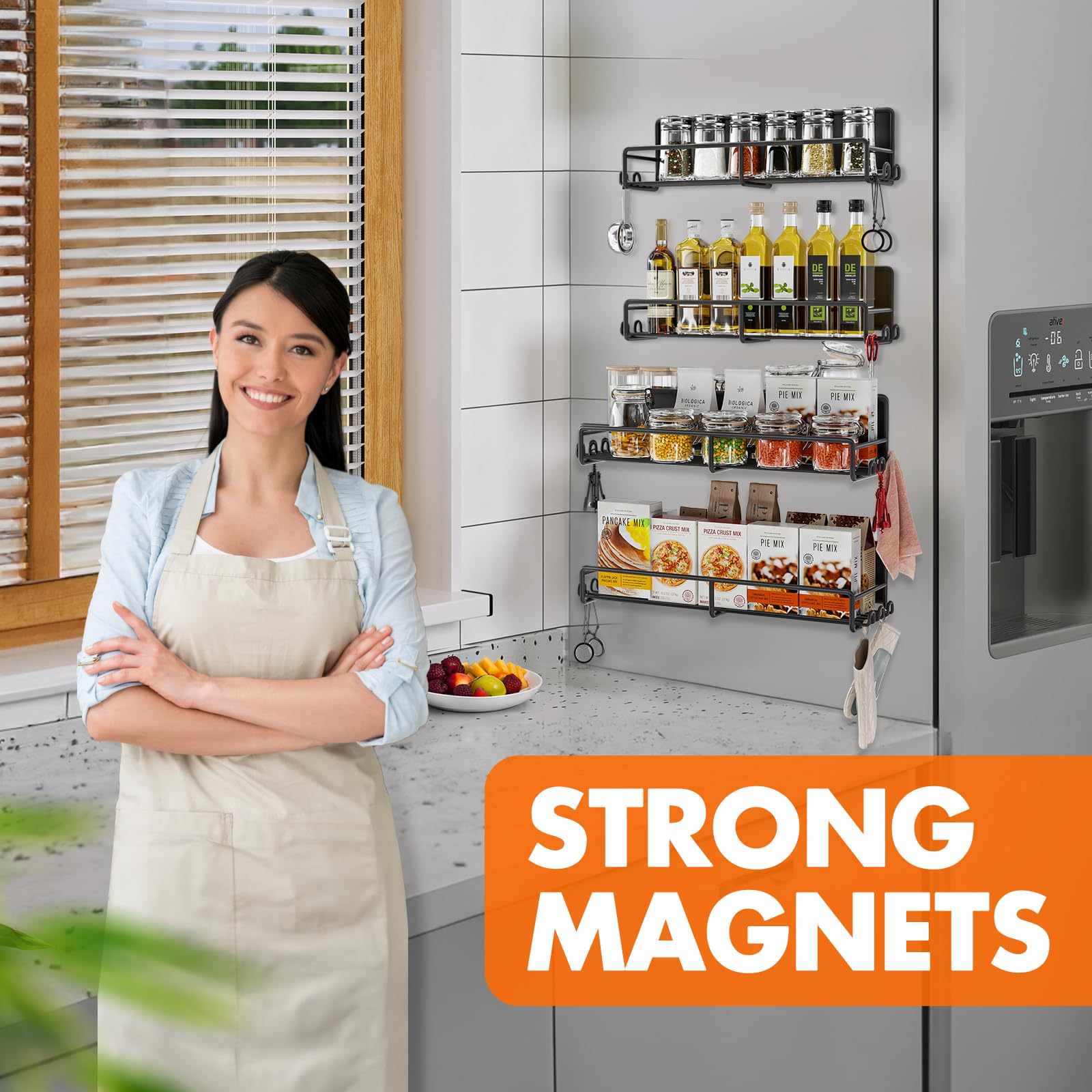 Magnetic Spice Rack for Refrigerator, 4 Pack Magnetic Fridge Shelf with Hooks, Spice Organizer Shelf for Kitchen Organization and Storage, Seasoning Organizer Gadgets for Metal Surface