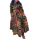 Xuideoy Casual Plus Size Maxi Dress for Women African Print 3/4 Sleeve Flowy Ruffle Long Dress with Belt 2025 Fashion