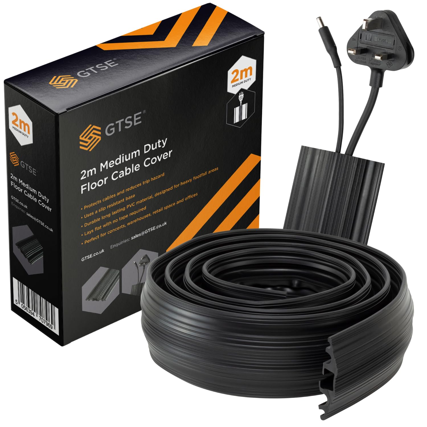 GTSE Floor Cable Cover/Cable Protector, Protect Cables and Prevent Trip Hazards, Black, 2m length, Perfect for Offices, Schools, Factories and Events