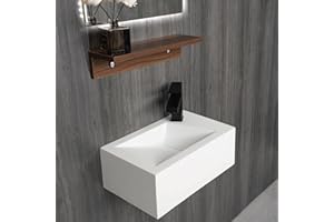 GESIPOR 16"x10" Wall-Mount Stone Resin Bathroom Sink Rectangular Vessel Sinks for Small Bathroom Floating Washing Corner Sink Trough Art Basin with Wooden Shelf (Right Hand)