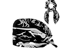 FVQL Scrub Caps Women, Adjustable Surgical Cap with Button & Sweatband, Dinosaur Skeleton, Nurse Hat with Hair Scrunchy