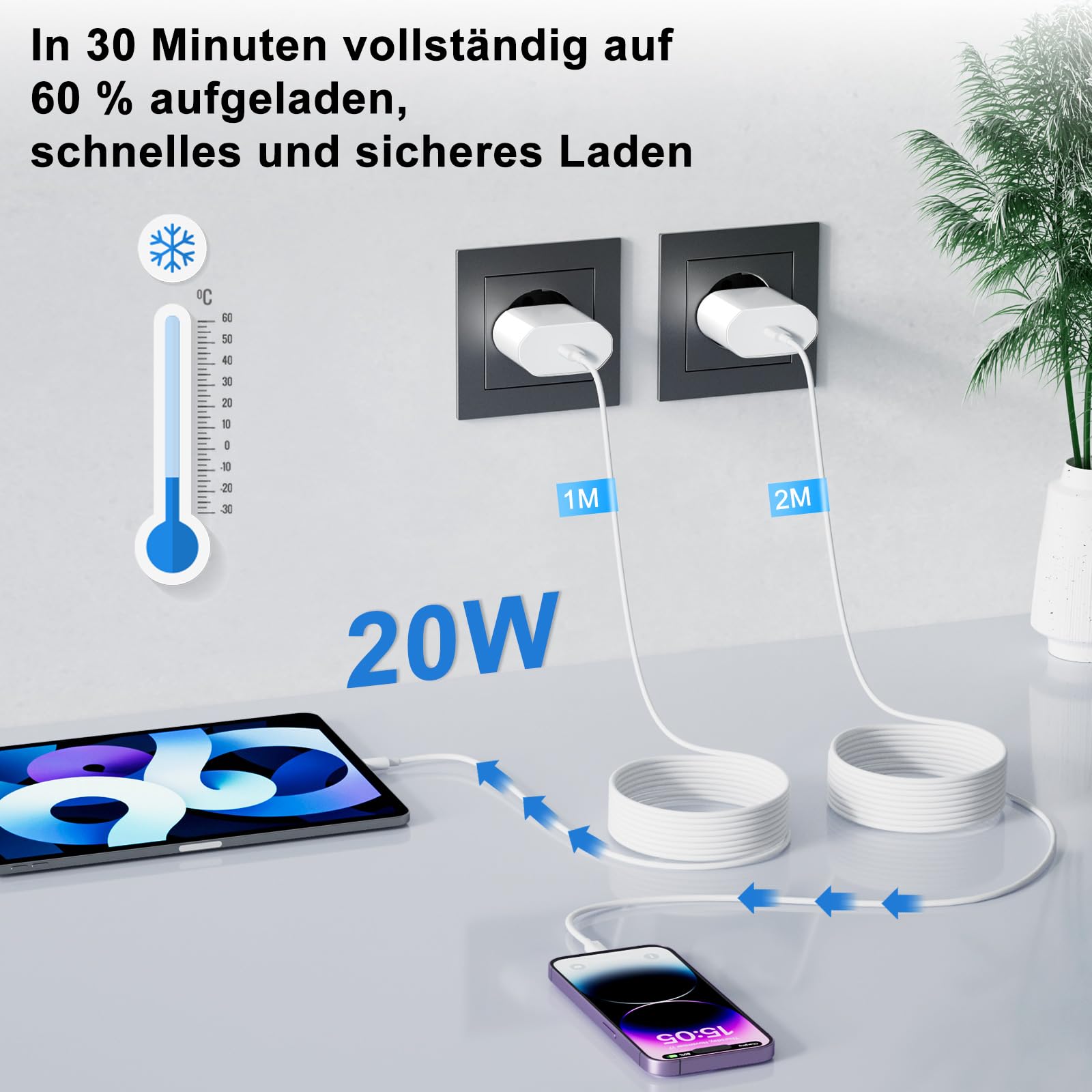 2 Pack 20W Schnellladegerät und Schnellladekabel für iPhone , Ladegerät mit iPhone Ladekabel 2M und 1M, Schnellladegerät für i Phone 14/13/12/11/Pro Max/Mini/SE/Xr/X/Xs Max, Pad 4