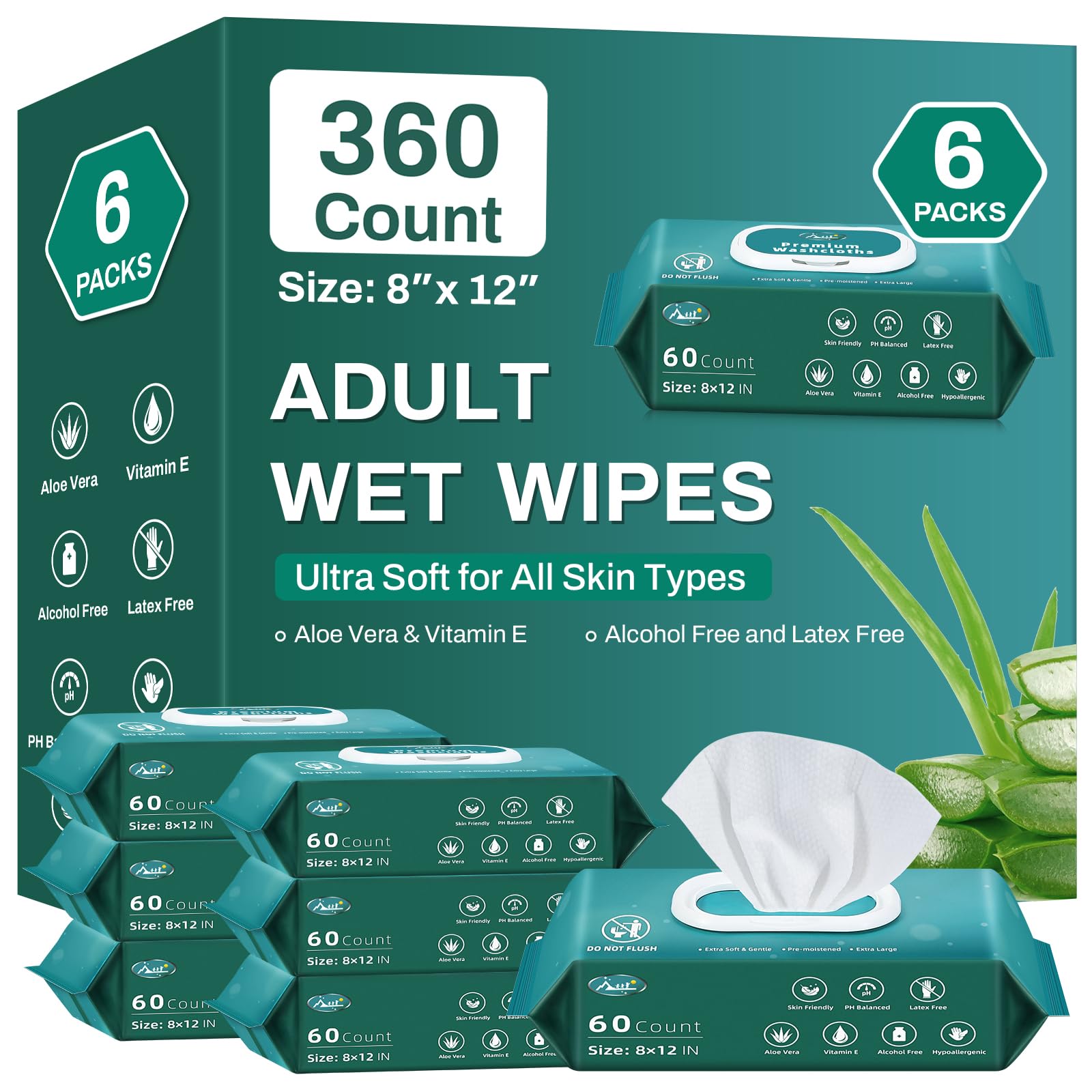 Photo 1 of [360 Count] Adult Wipes for Elderly, 8" x 12" Extra Large Adult Wipes for Incontinence & Cleansing - Disposable Washcloth for Elderly Bathing No-Rinse - Vitamin E & Aloe
