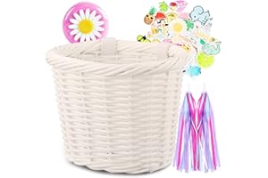 BEVOVBE Kid's Bike Basket for Girls Front Bike Accessories Small Woven Wicker Cruiser Bicycle Basket with Handlebar Streamers Bell Boys16 Bike Girls Cycling Ages 3-13