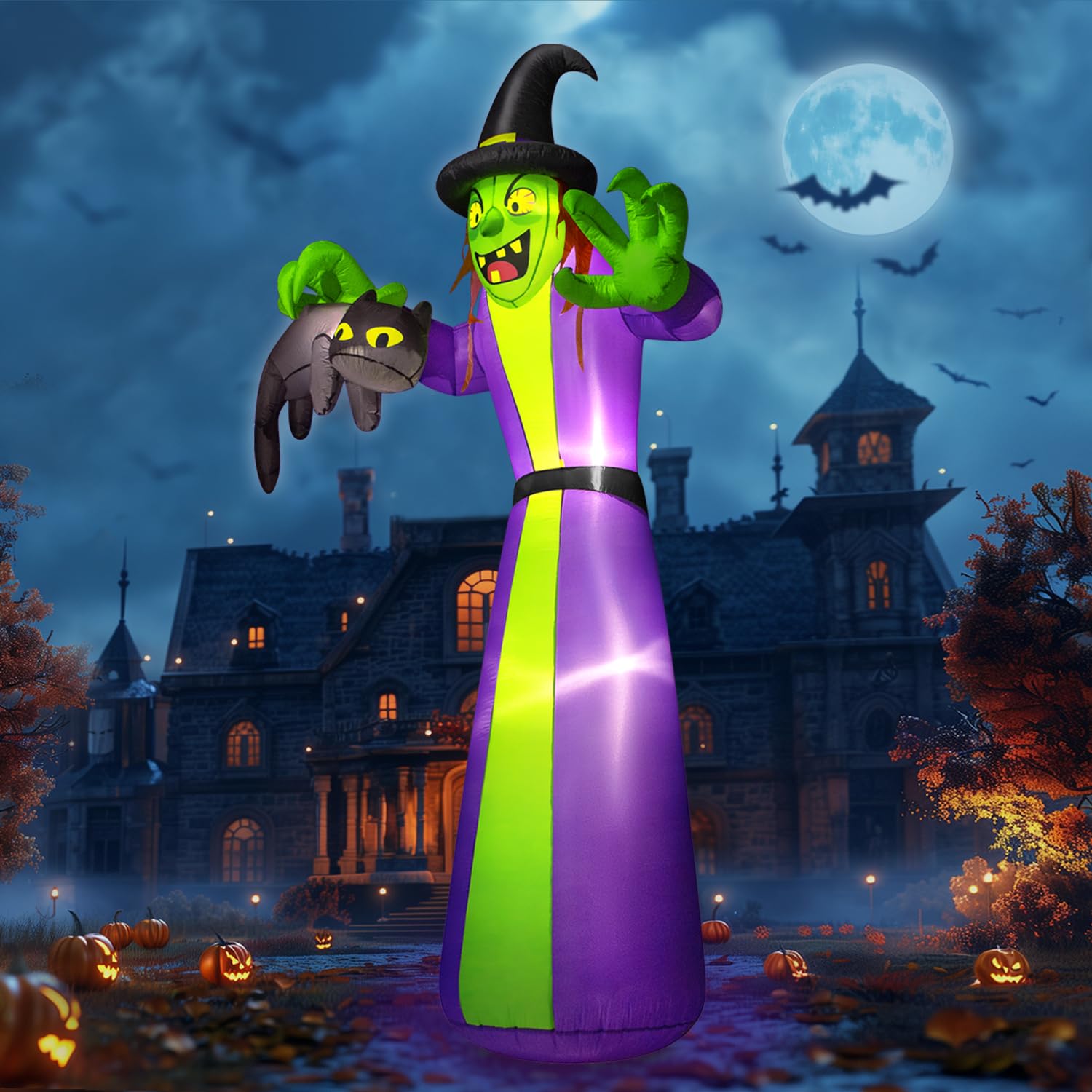 Photo 1 of zukakii 12FT Giant Halloween Inflatables Witch Outdoor Decorations, Huge Halloween Blow Up Spooky Witch Grabbing Black Cat Yard Decoration Built-in LEDs & Strong Blower Large Tall for Lawn Party